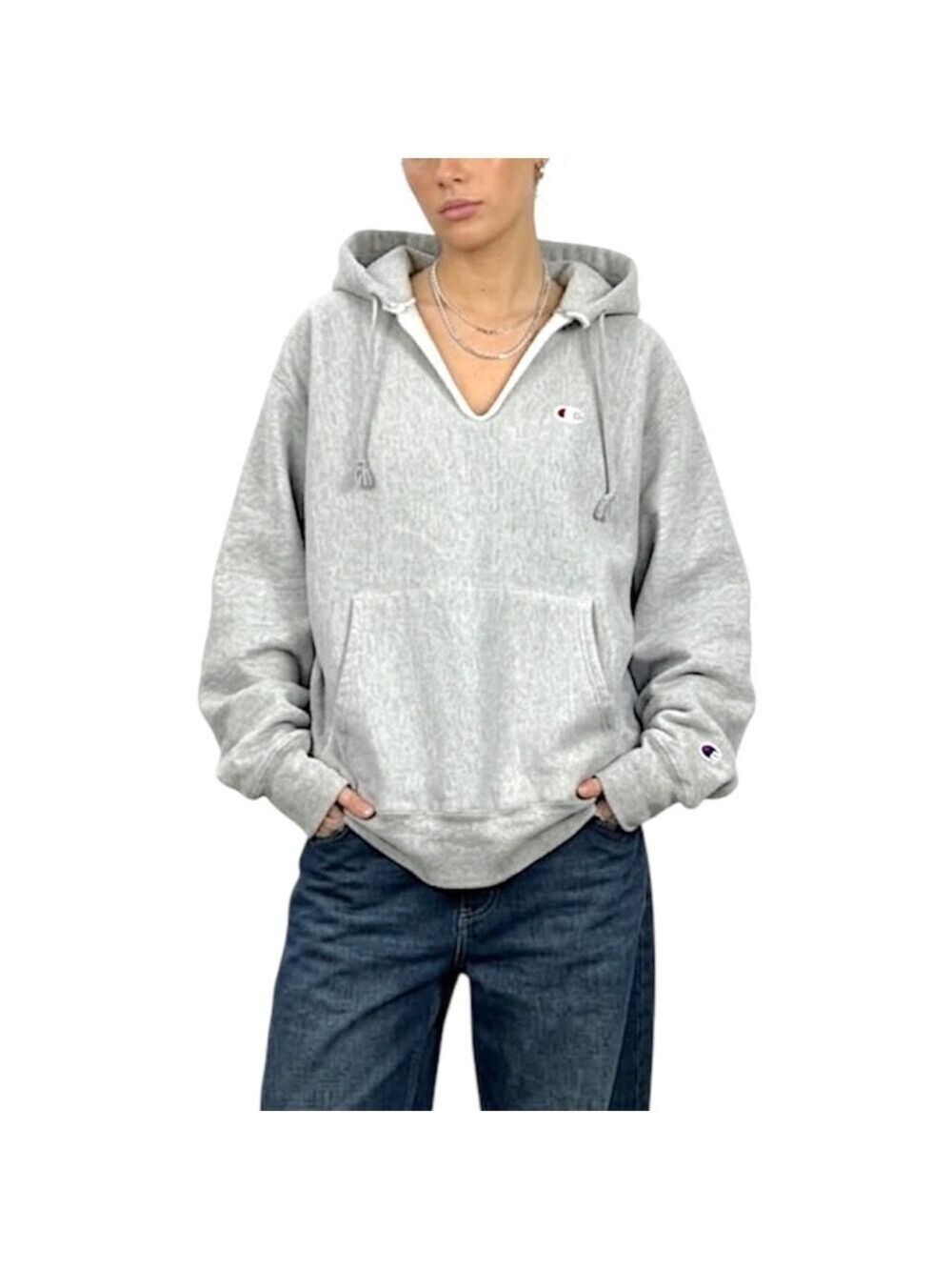 Champion Reverse Weave reworked grey oversized cotton blend hoodie sweatshirt M